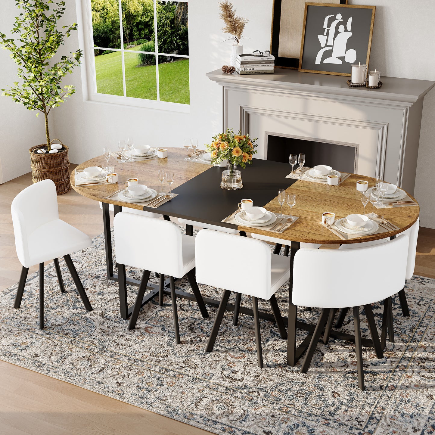 9-Piece Oval Dining Table Set with 8 White PU Leather Chairs