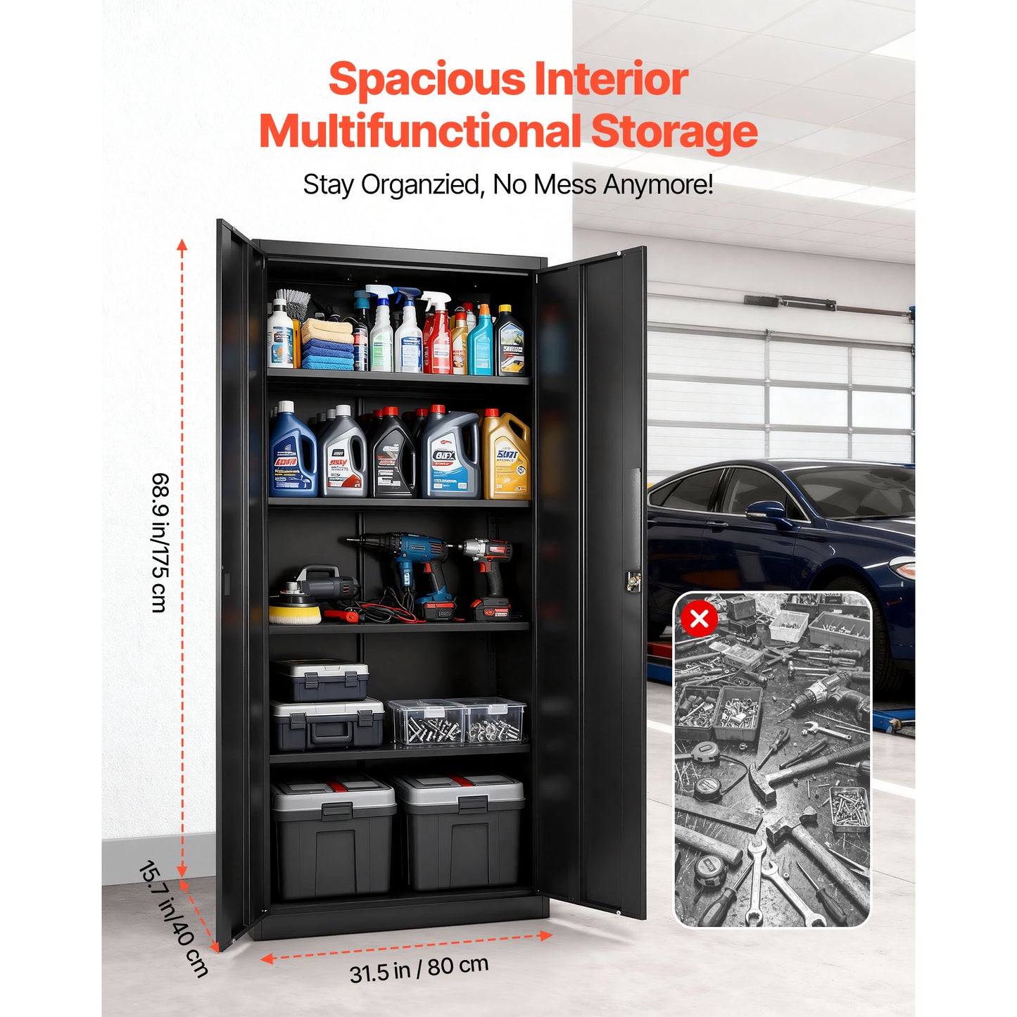 Lockable Metal Storage Cabinet with Adjustable Shelves for Garage, Warehouse, Office - Black, 68.9 Inches