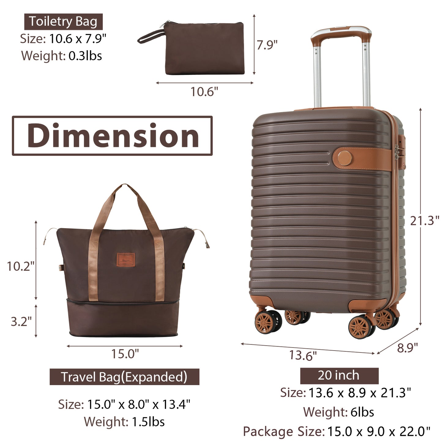 3-Piece Luggage Set - Lightweight Hardshell Carry-On Suitcases, 20 Inch, Brown