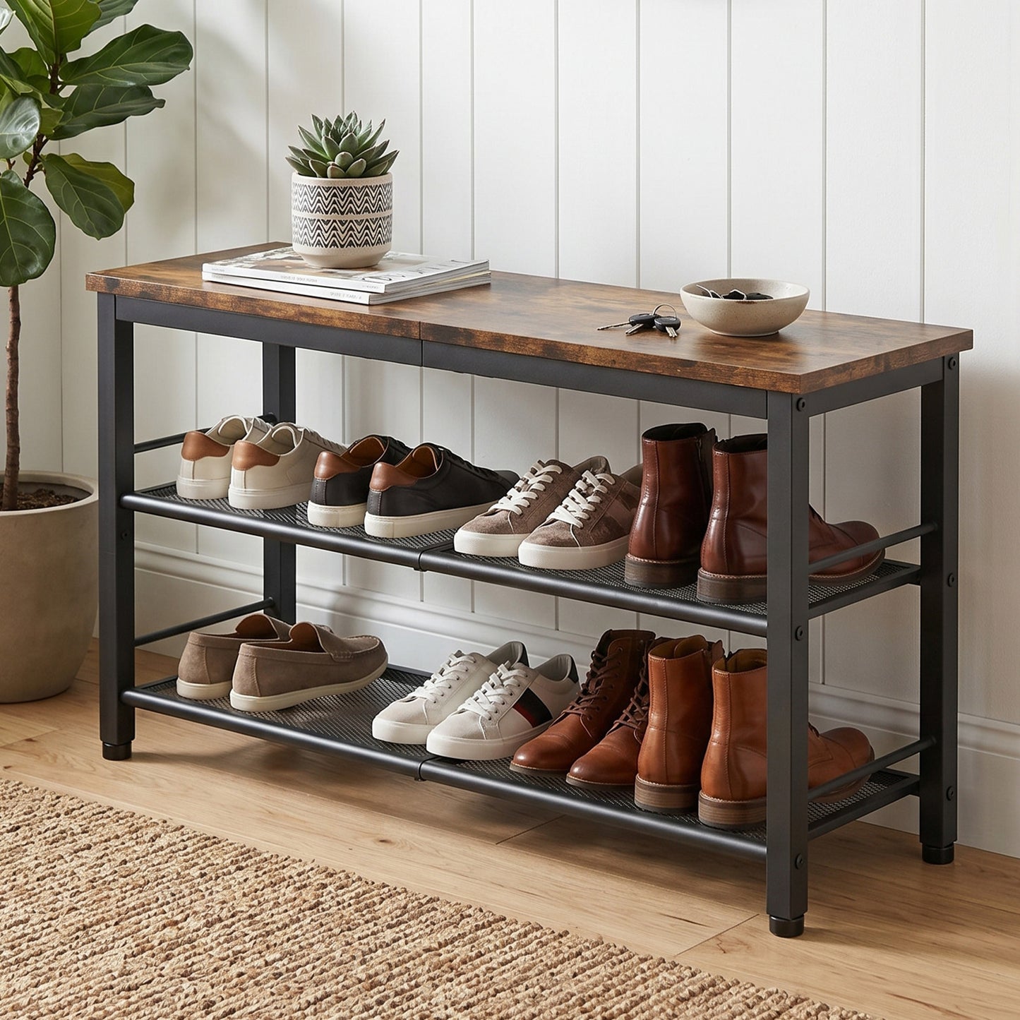 3-Tier Industrial Style Shoe Bench Storage Rack - Easy Assembly