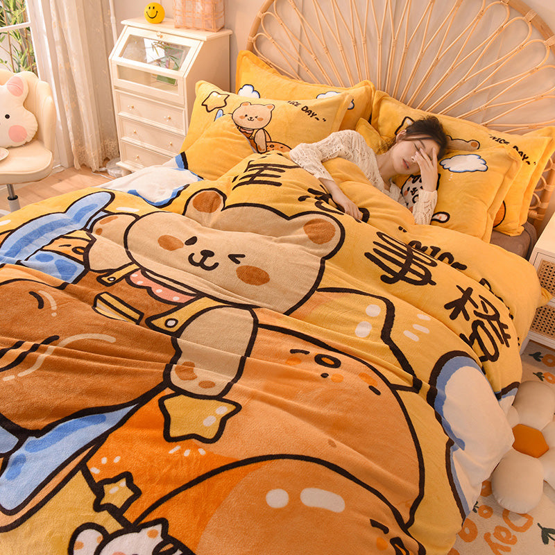 Cartoon Milk Velvet Bed Set of Four - Kids Bedding with Cartoon Pattern