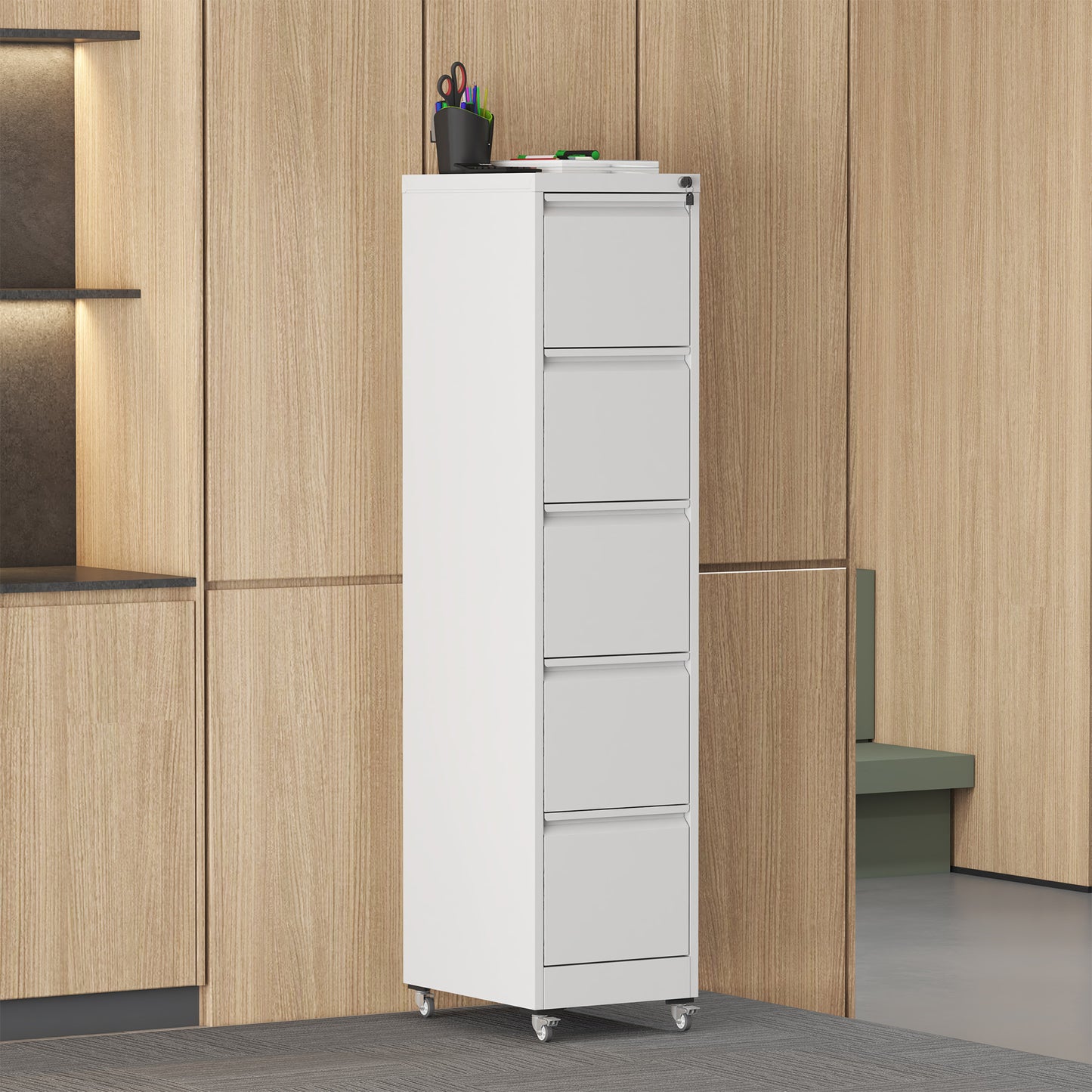 5 Drawer Metal Vertical File Cabinet With Lock On Wheels For Home