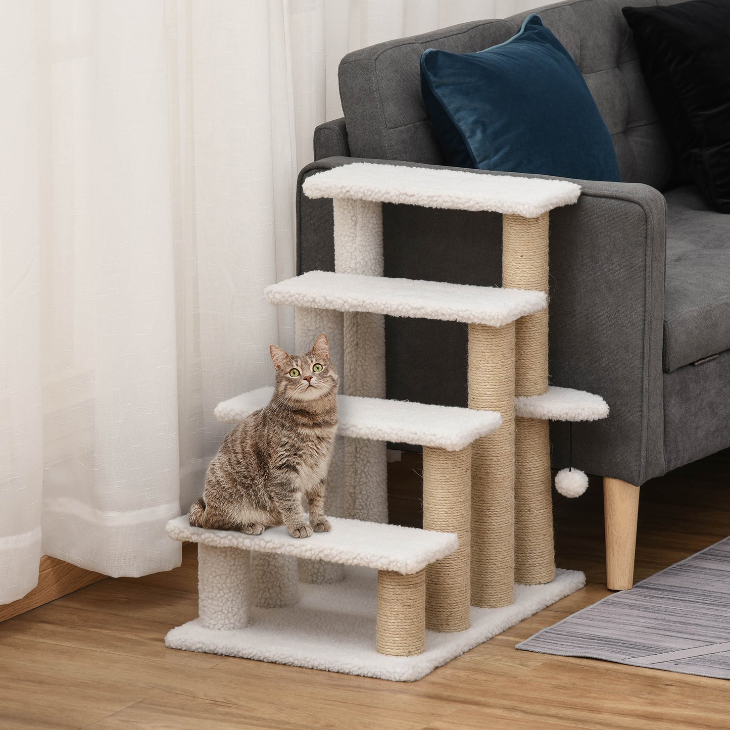 White 4-Level Cat Steps with Scratching Posts for High Beds and Sofas