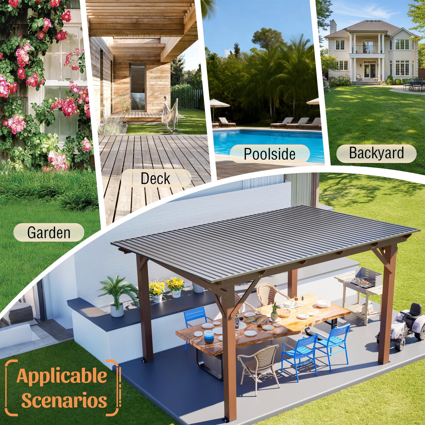13x10ft Wooden Garden Gazebo with Metal Roof - Brown