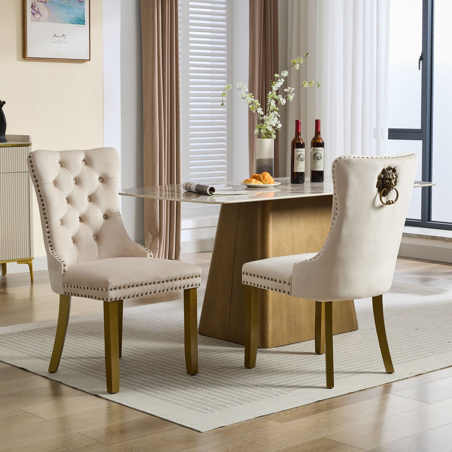 Mid-Century Modern Dining Chairs Set - Beige Velvet Upholstered