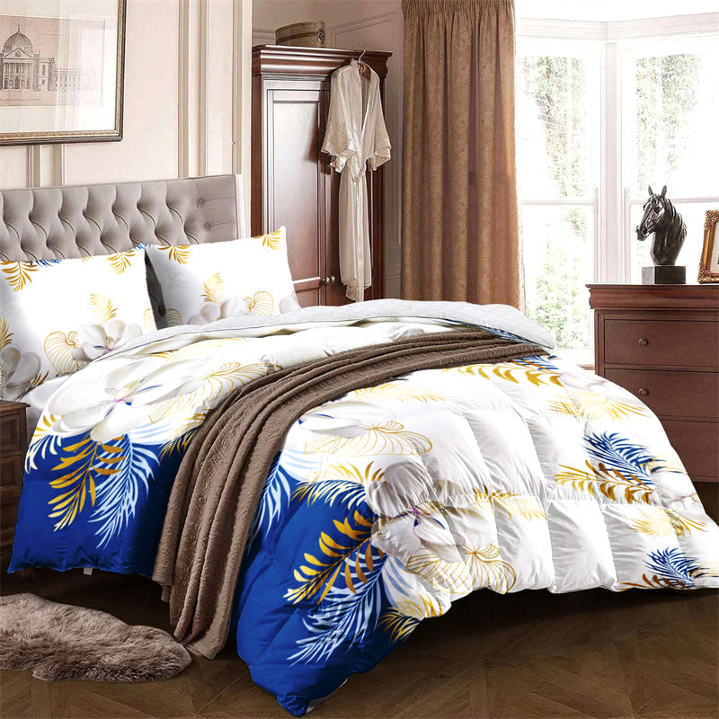 3-Piece Navy Blue & Gold Tropical Floral Duvet Cover Set