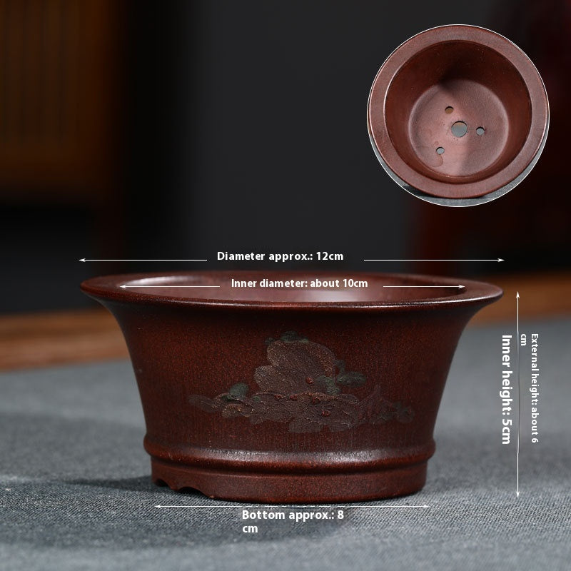 Purple Clay Flowerpot with Chinese Style Design Small Round & Square Options