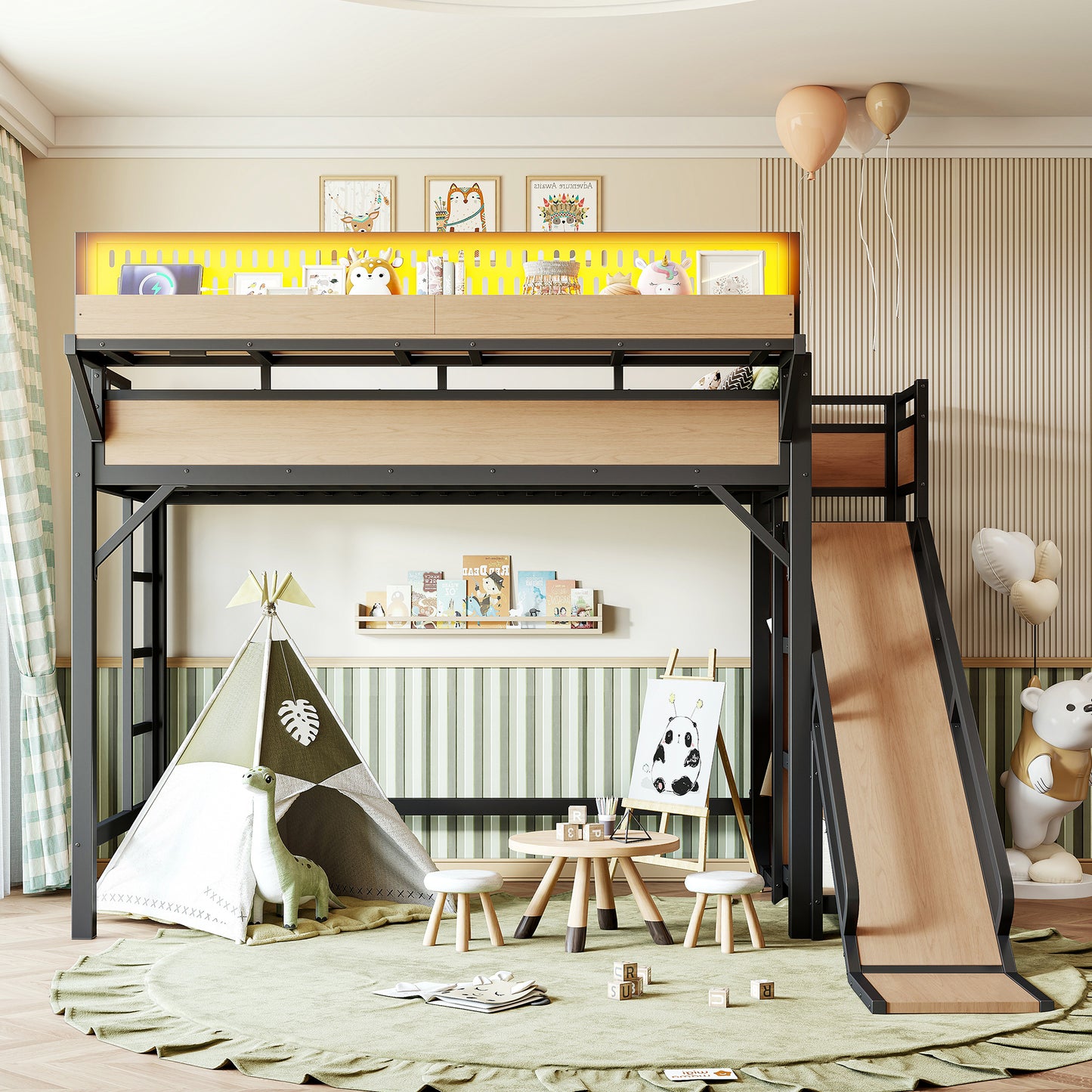 Twin XL Loft Bed with Slide, Storage Shelves & USB Ports - Natural