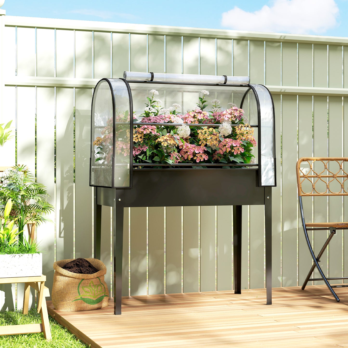 Raised Garden Bed with Greenhouse Cover, Metal Elevated Planter with Legs and Drainage, Black 1110x510mm
