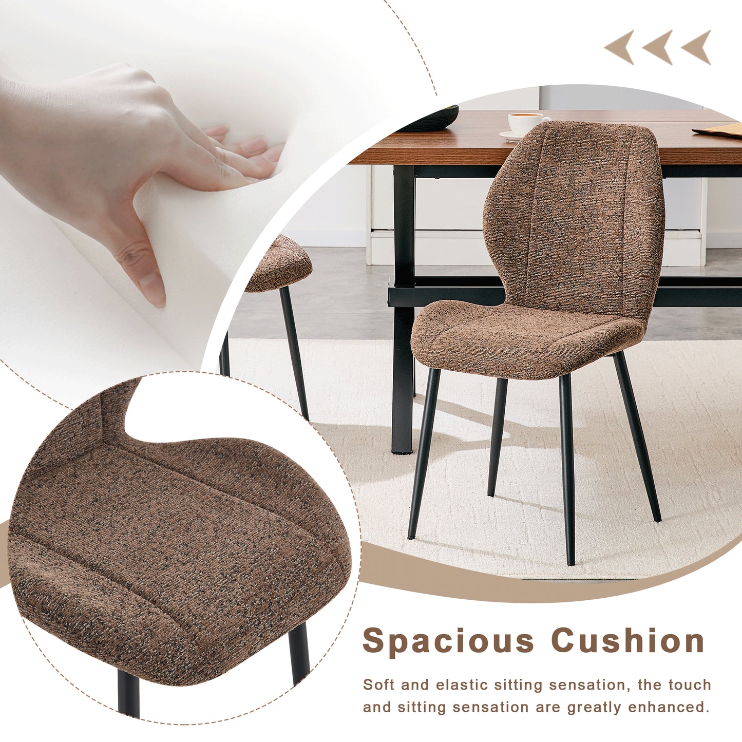 Set of 4 Retro Minimalist Brown Fabric Dining Chairs - Black Metal Legs