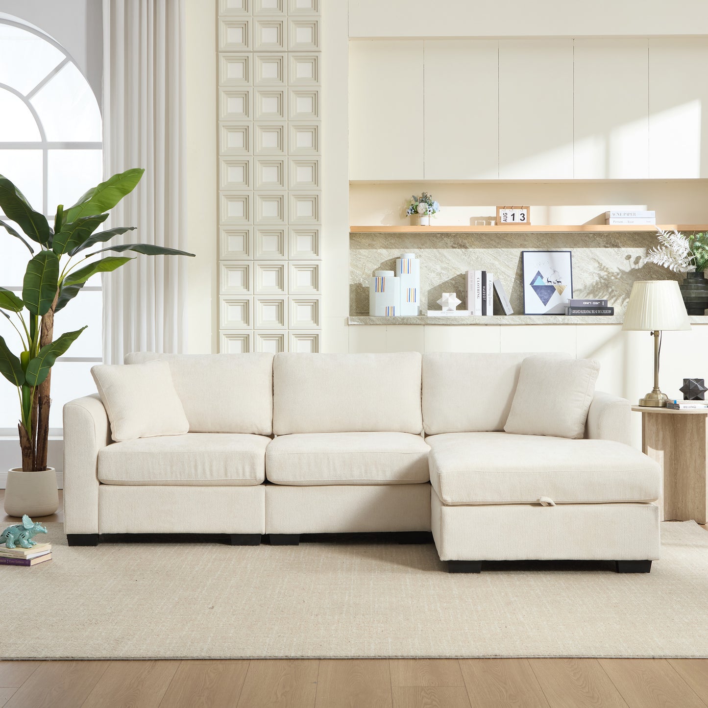 Oversized Modern Storage Sofa with USB Ports & Ottoman - Beige
