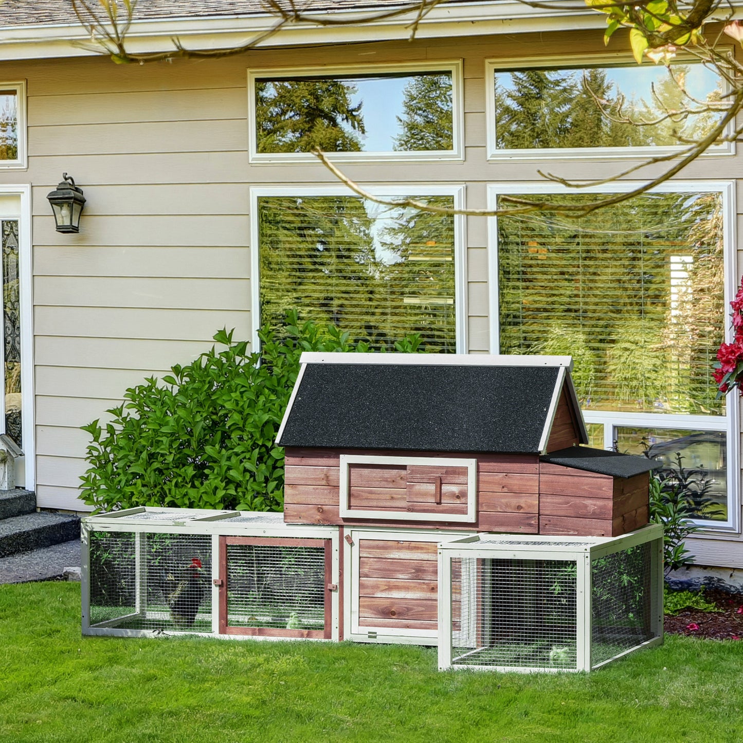Wooden Chicken Coop with Nesting Box & Ramp - Outdoor Poultry Cage, Double Runs