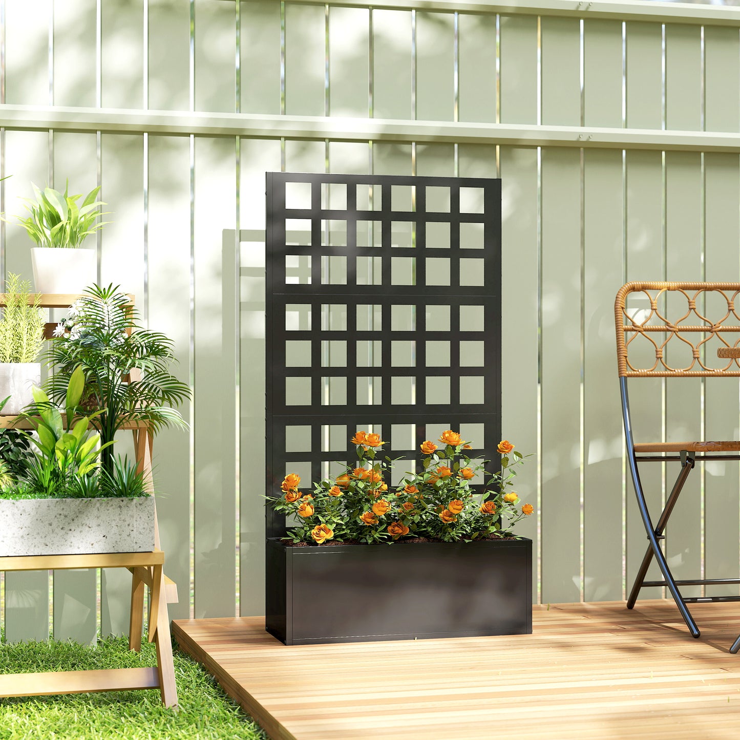 Galvanized Steel Raised Garden Bed with Trellis for Climbing Plants, 24x9x44.5 Inches, Black