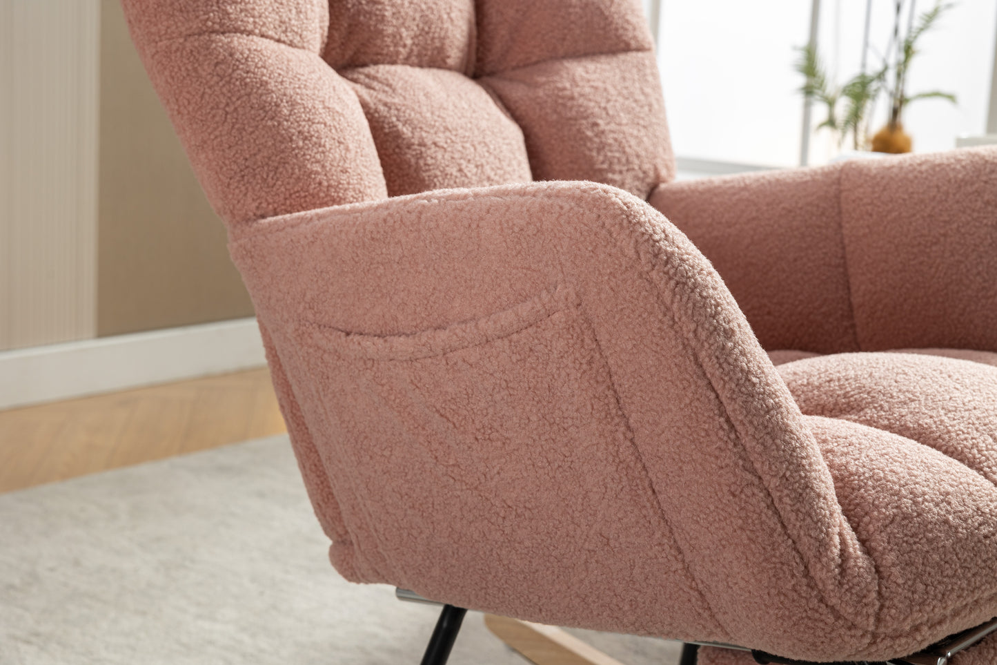 Pink Teddy Fabric Rocking Chair with Adjustable Footstool