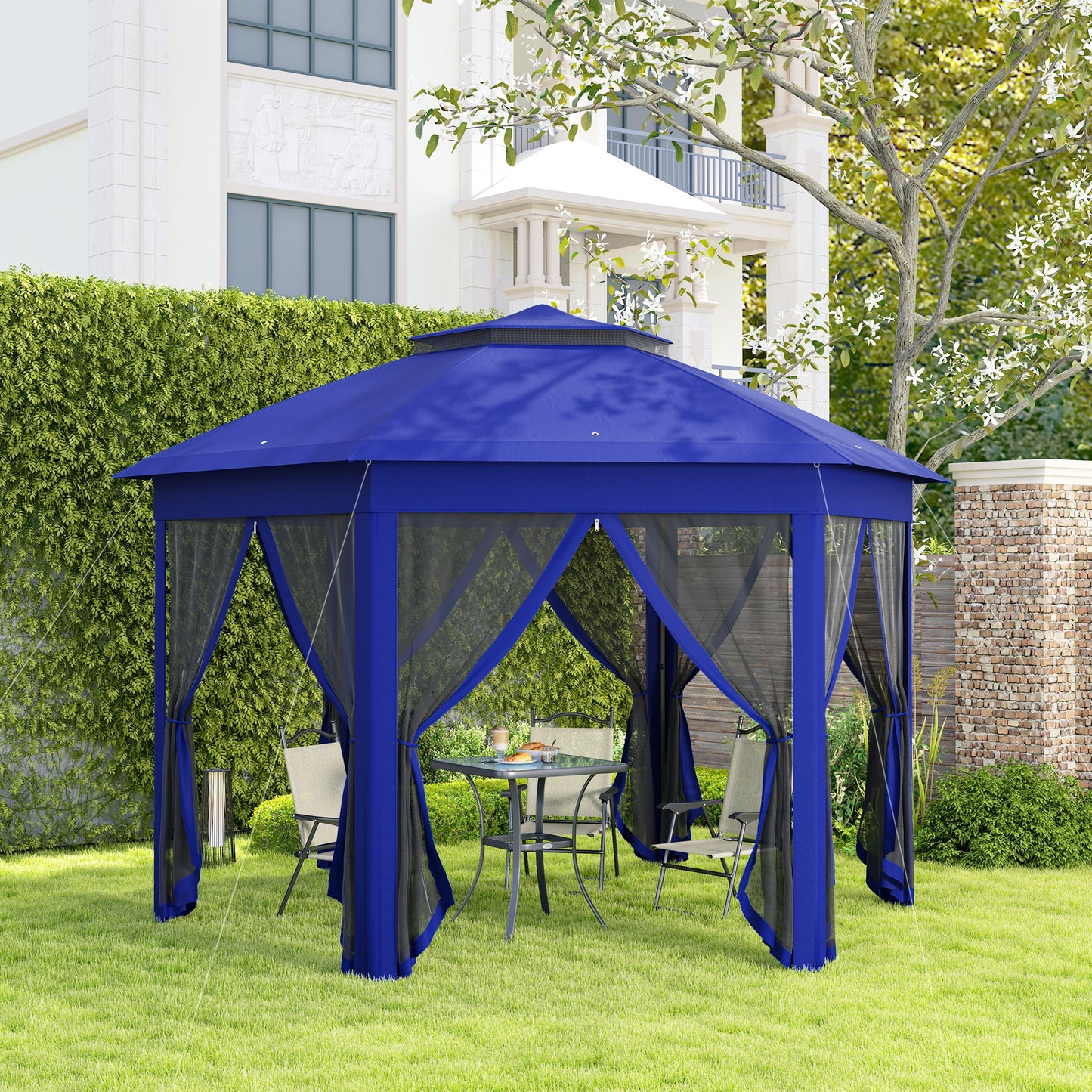 13' Hexagonal Pop Up Gazebo Canopy with Mesh Sidewalls - Blue