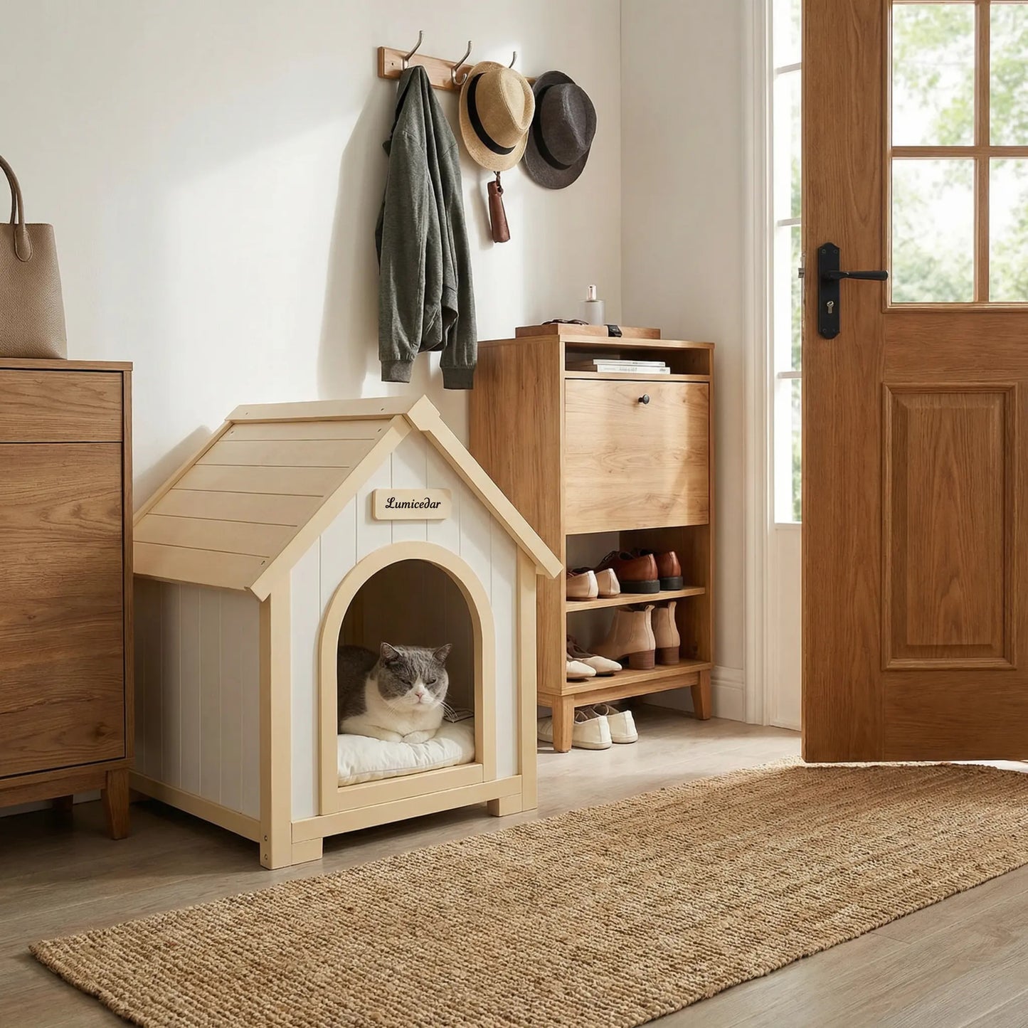 Indoor Wooden Dog House with EVA Cushion - Small Pet Shelter in Creamy White