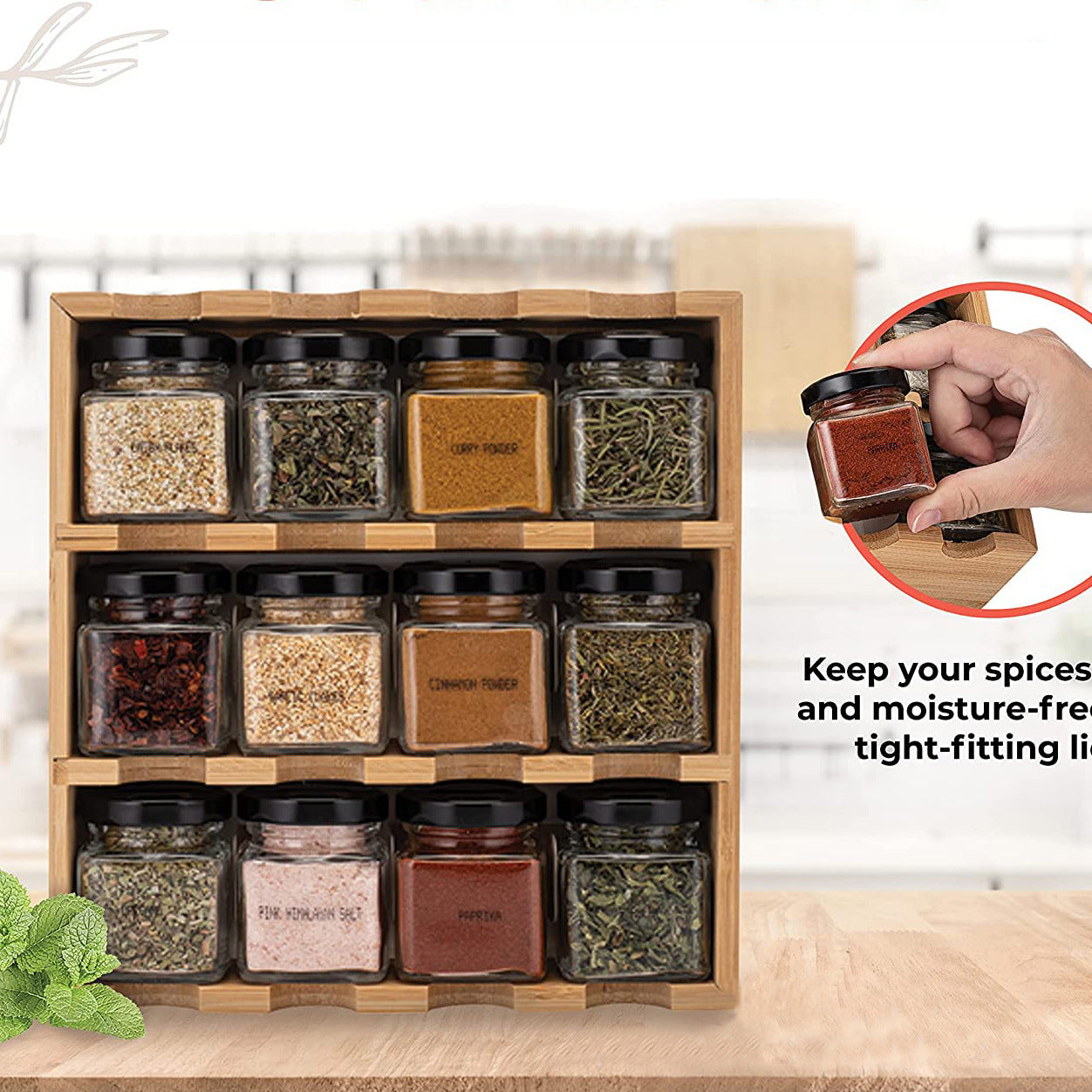 Wall-Mounted Bamboo Cruet Shelf with 12 Glass Jars - Kitchen Storage Organizer