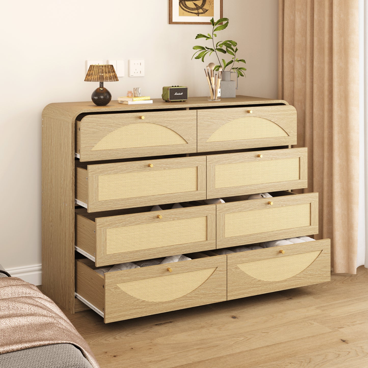 Natural 8-Drawer Dresser with Rattan Front - Wide Storage Cabinet