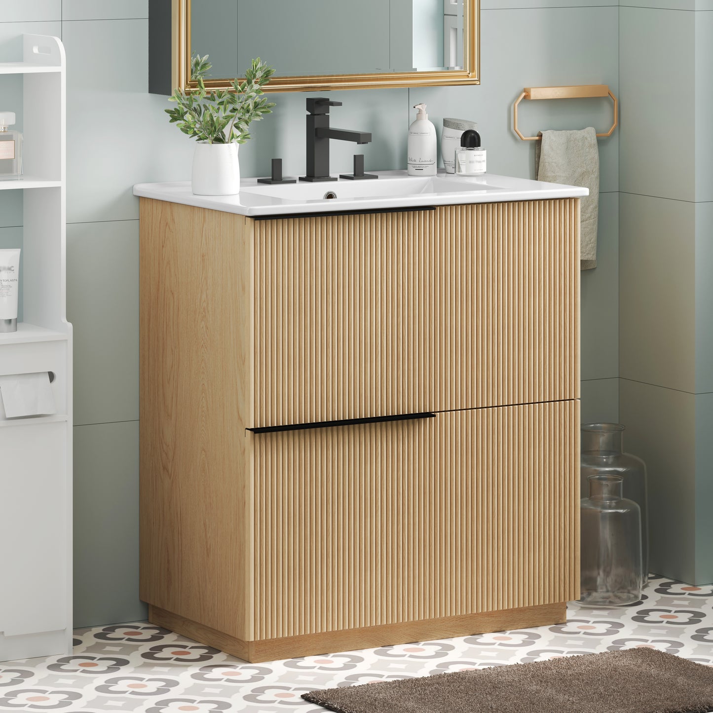 30" Bathroom Vanity with Ceramic Sink & Full-Extension Drawers - Natural