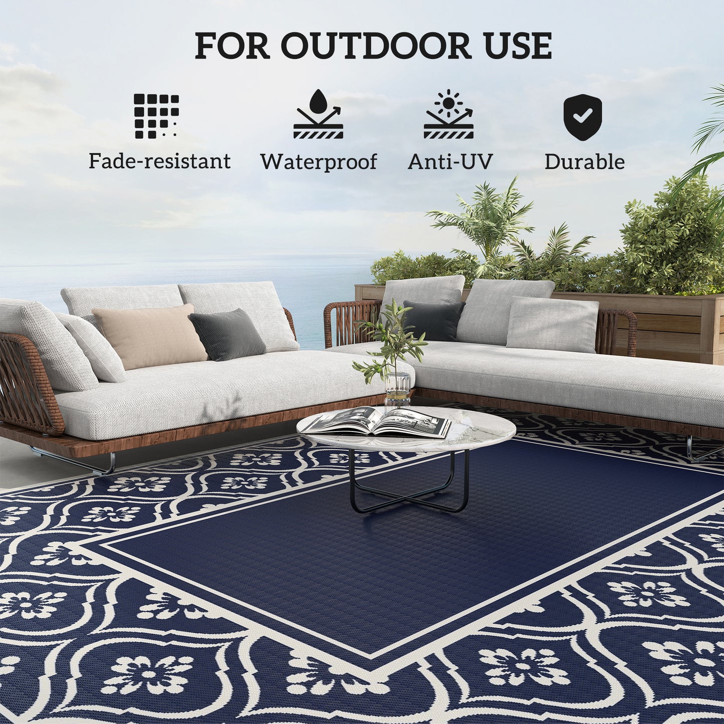 Reversible Waterproof Outdoor Rug with Carry Bag - Blue White Gourd Border 9' x 12'