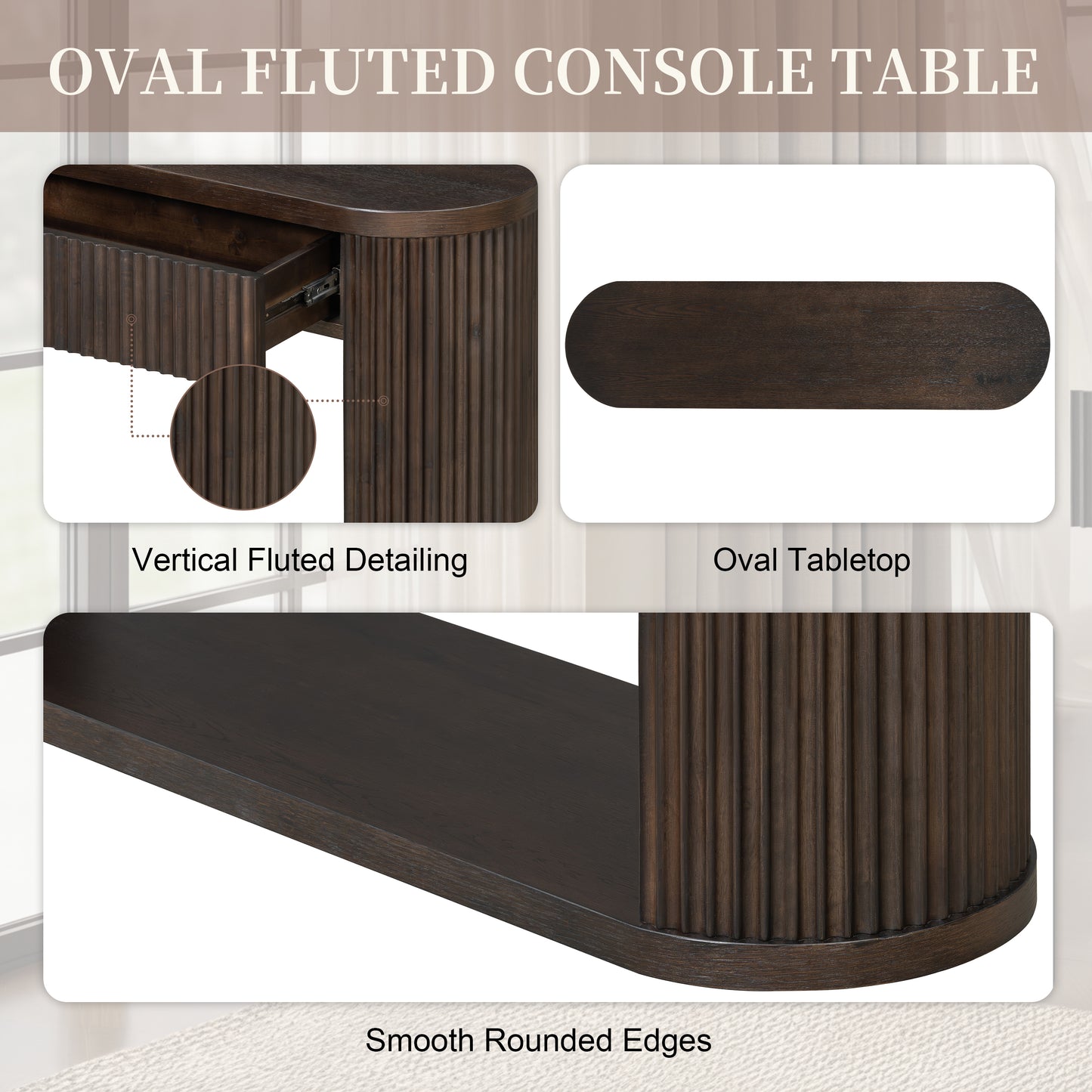 Oval Fluted Console Table with 2 Drawers & Bottom Shelf - Espresso