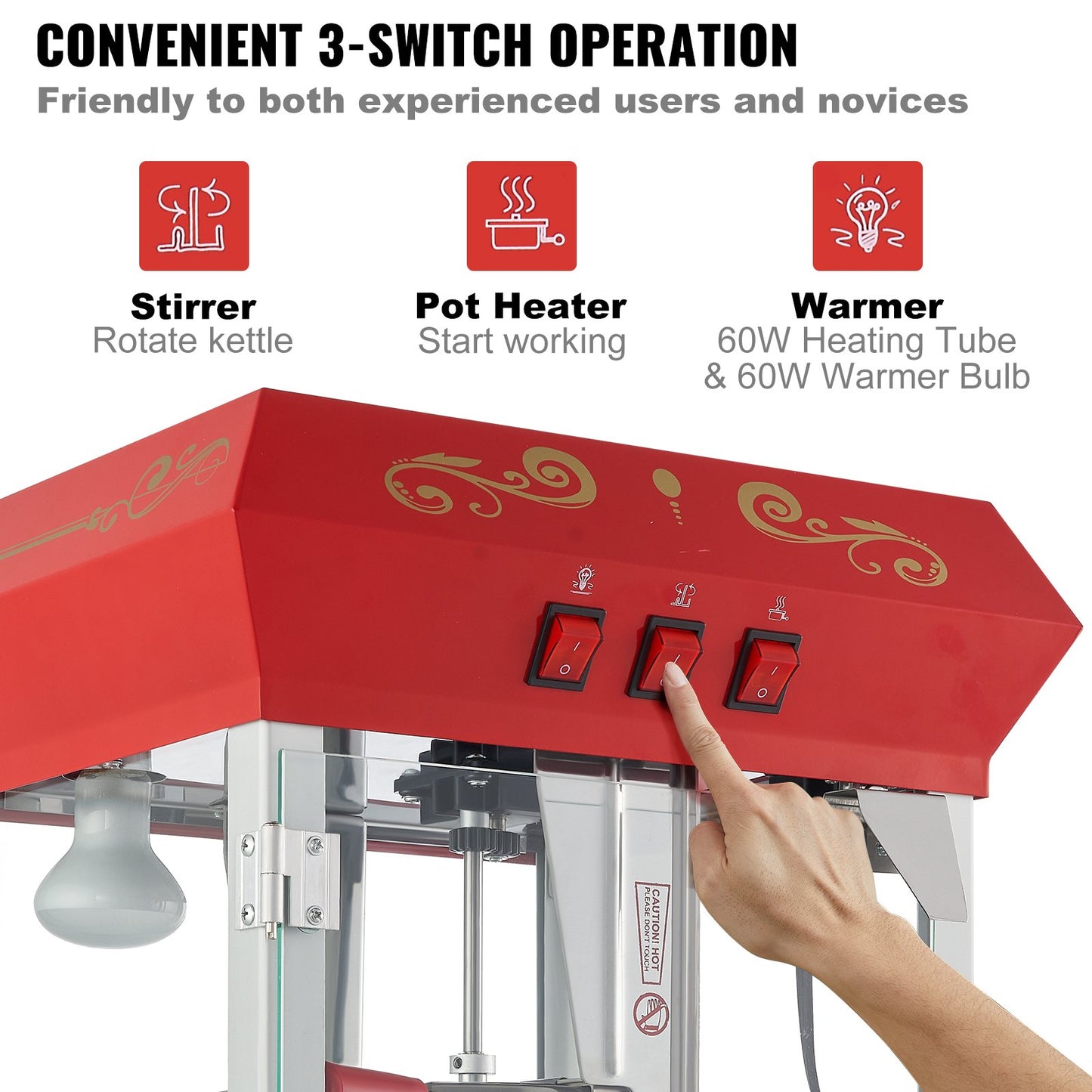 Countertop Popcorn Maker 8 Oz 850W Red Commercial Snack Machine