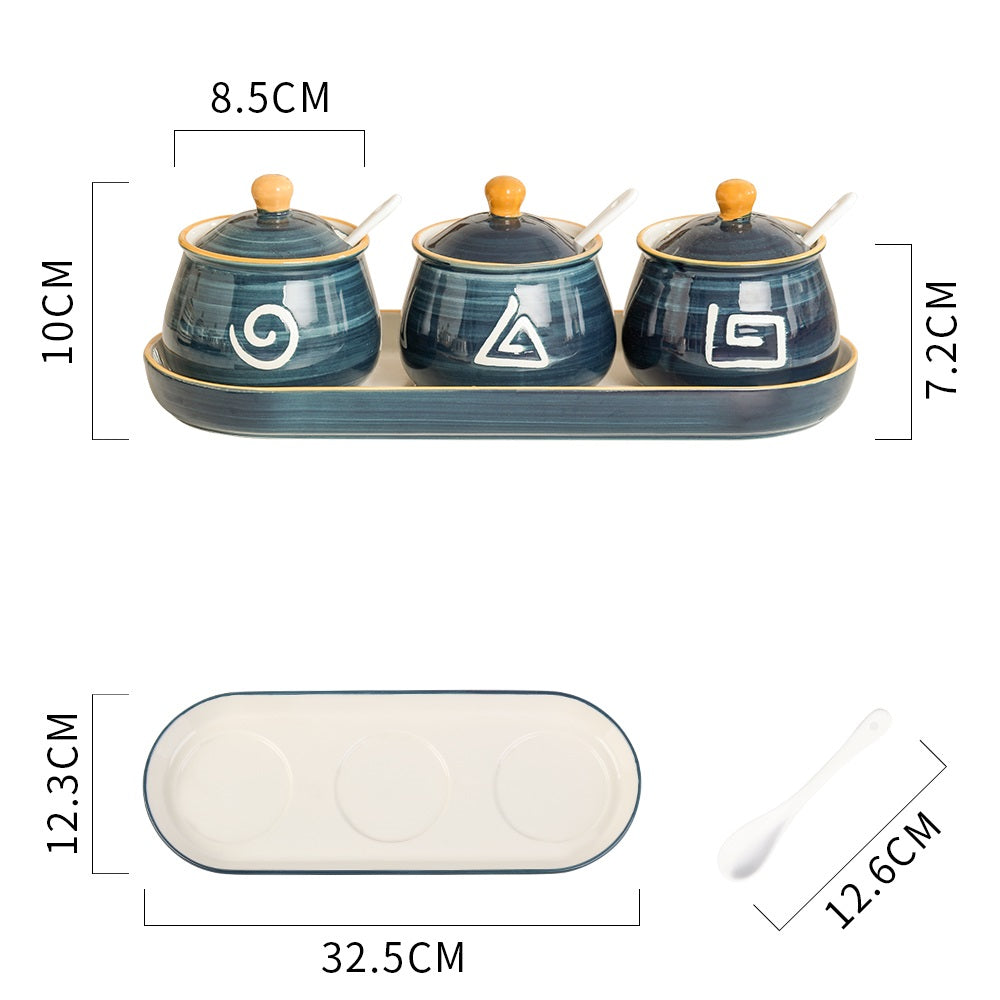 Ceramic Condiment Pot Set with Spoon - Kitchen Tableware, Household