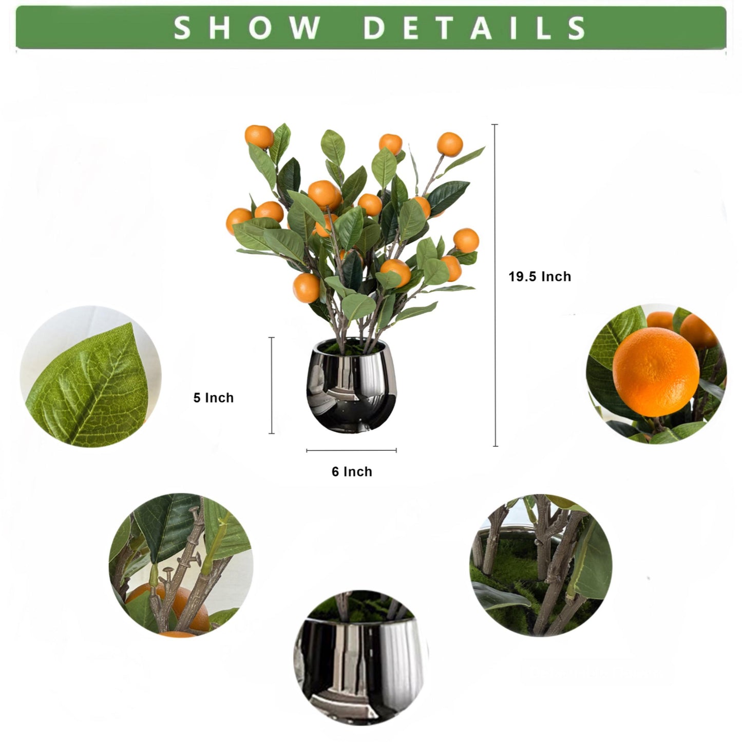 Artificial Orange Tree with Silver Planter - Faux Fruit Decor