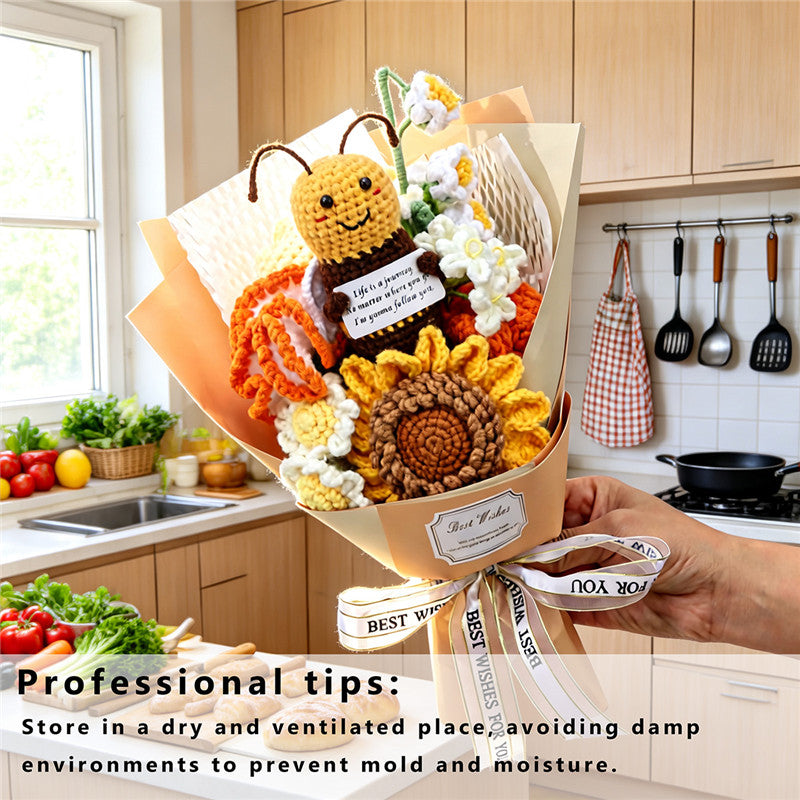 Crochet Artificial Floral Bouquet with Bee Doll Sunflowers Daisies Home Decor