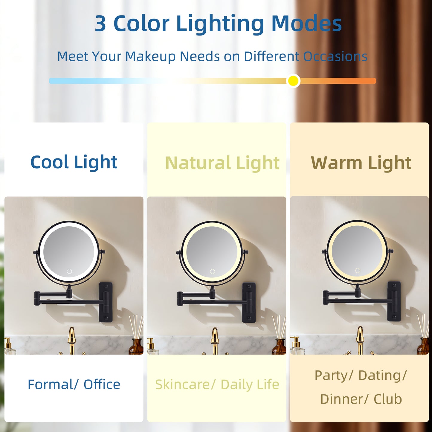Wall Mounted Lighted Makeup Mirror - 1X/10X Magnification, Rechargeable, Touch Dimmable, 3 Color Lights, Black