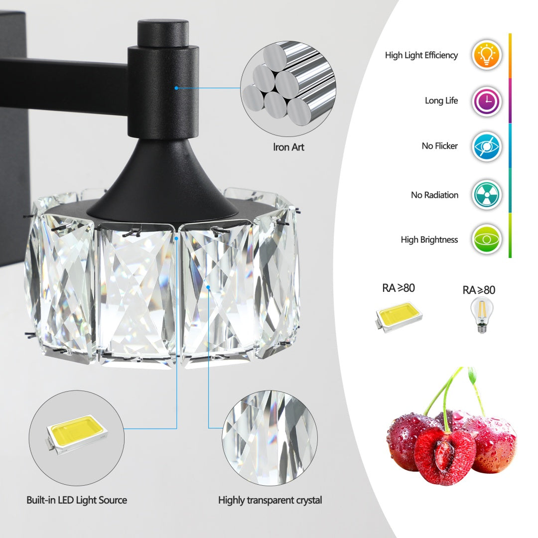 4-Light Matte Black LED Vanity Light Fixture with Crystal Shades