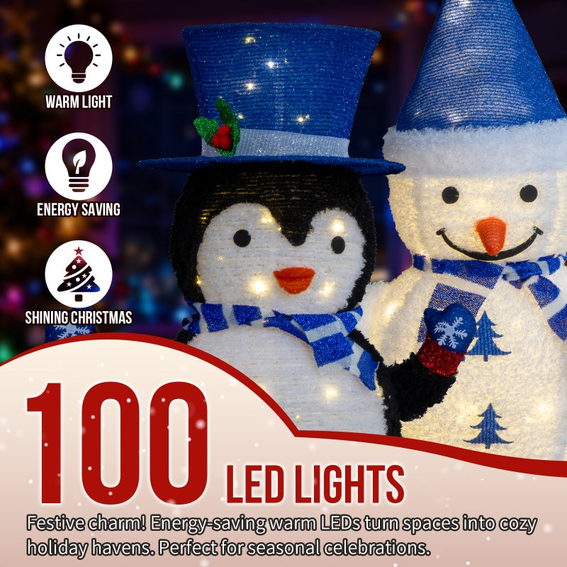 Set of 2 Lighted Plush Penguin and Snowman Christmas Decorations