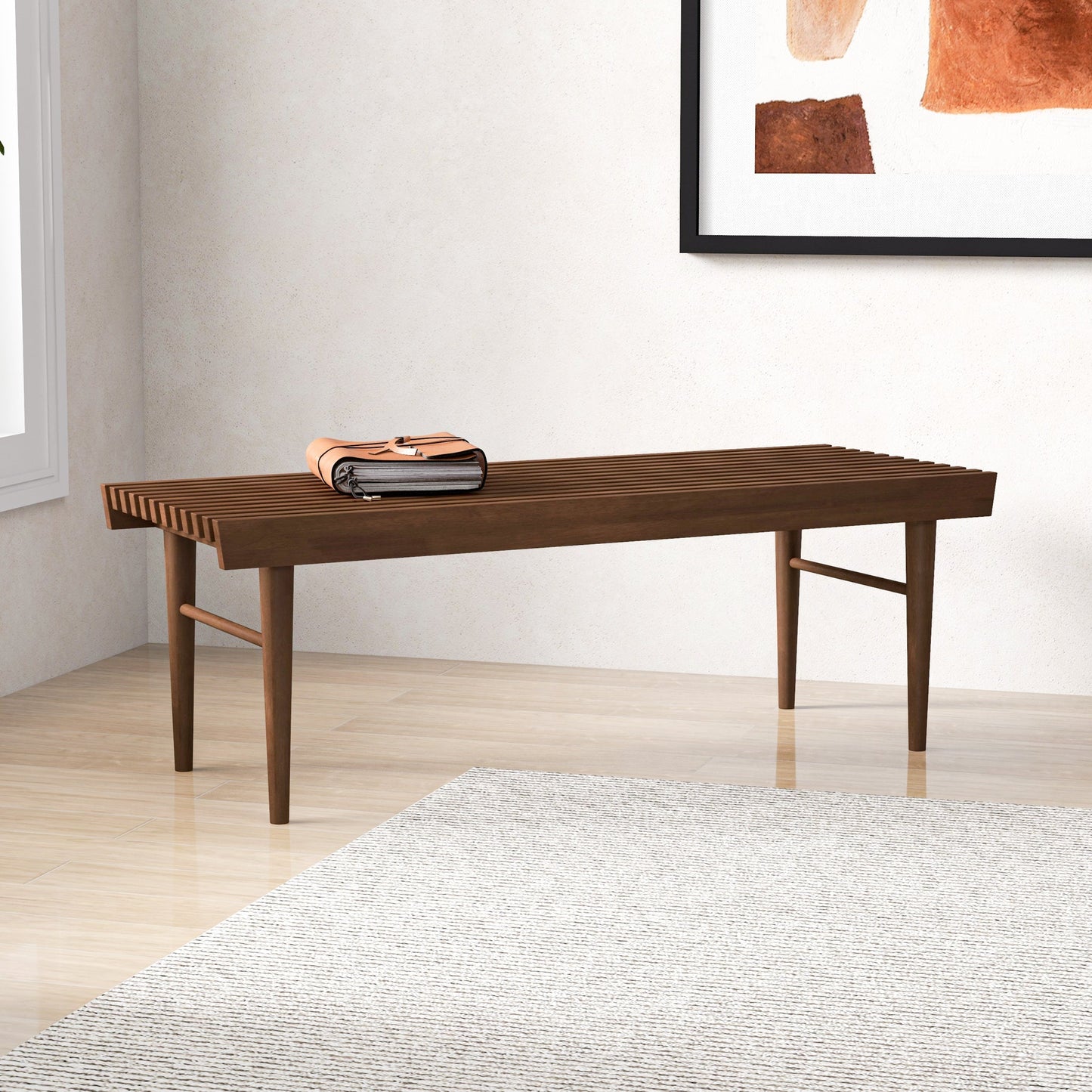 Mia Mid Century Modern Solid Wood Bench With Natural Walnut Stain