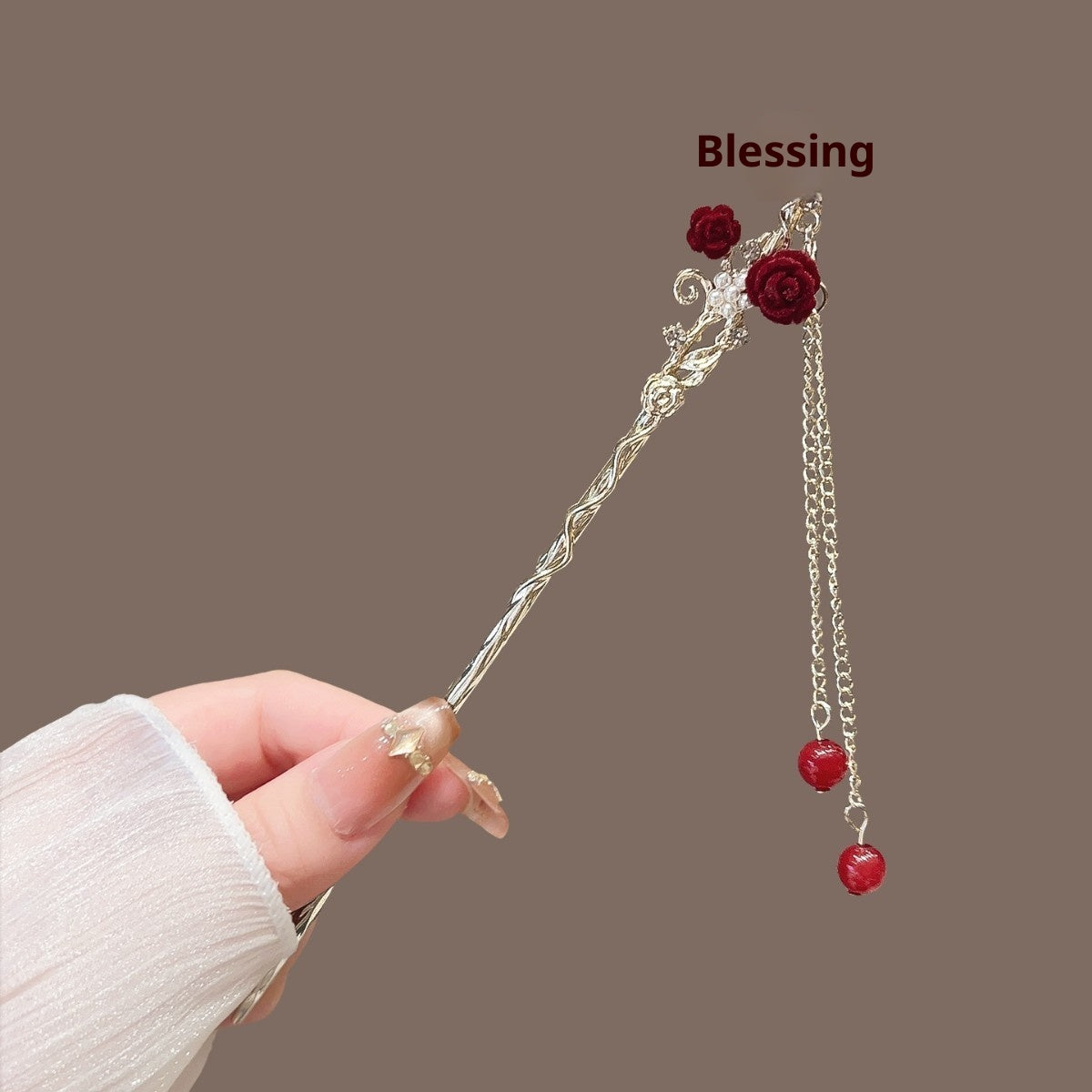 Vintage Floral Hair Stick with Red Flowers and Gold Leaves - Women’s Hair Accessory