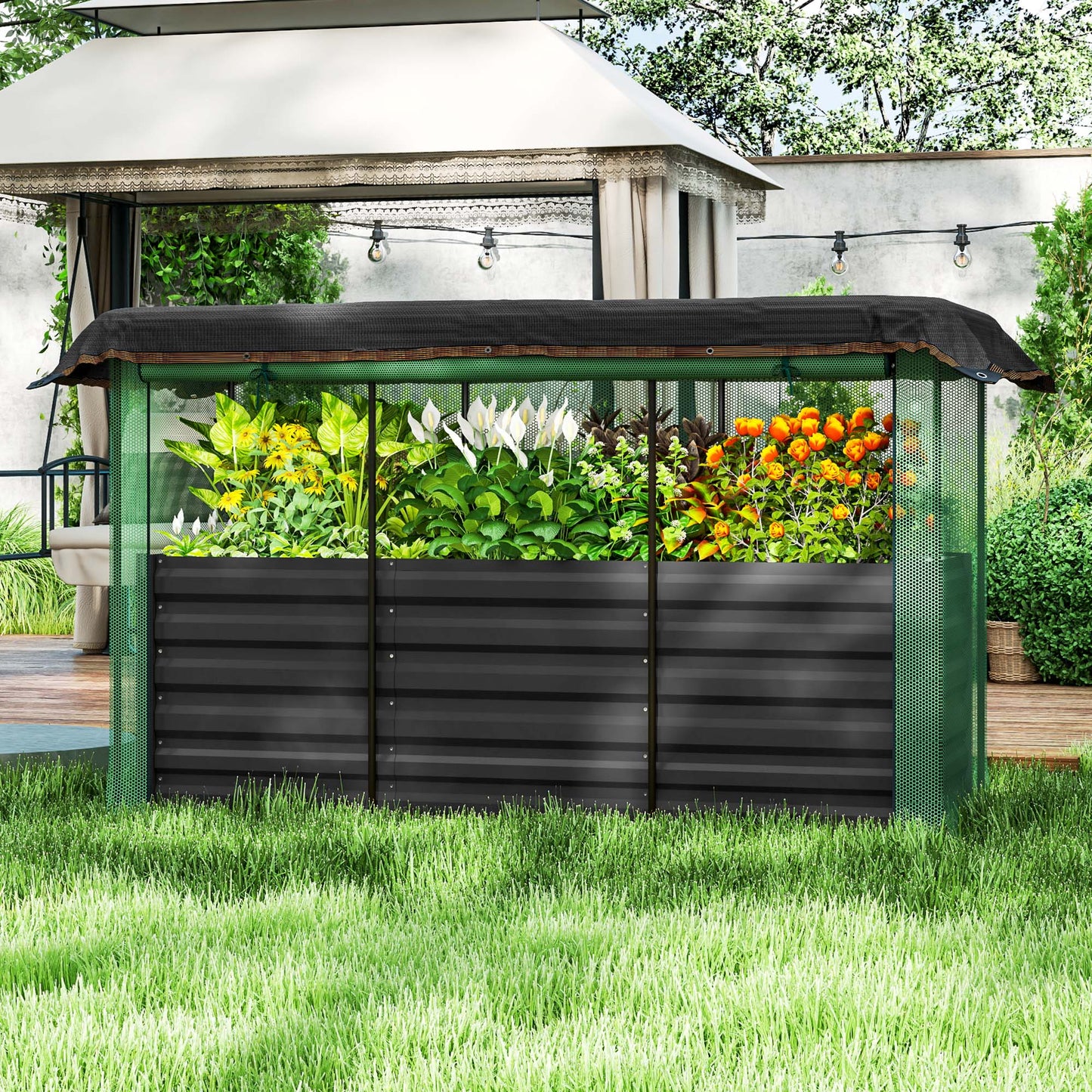 Galvanized Steel Raised Garden Bed with Crop Cage and Shade Cloth - Dark Gray, 695x355x185 mm