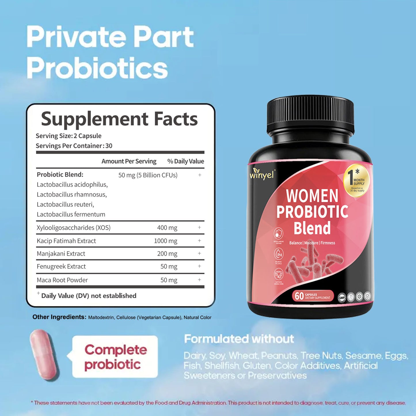 Women's Probiotic Supplement with Prebiotics for PH Balance - 60 Count