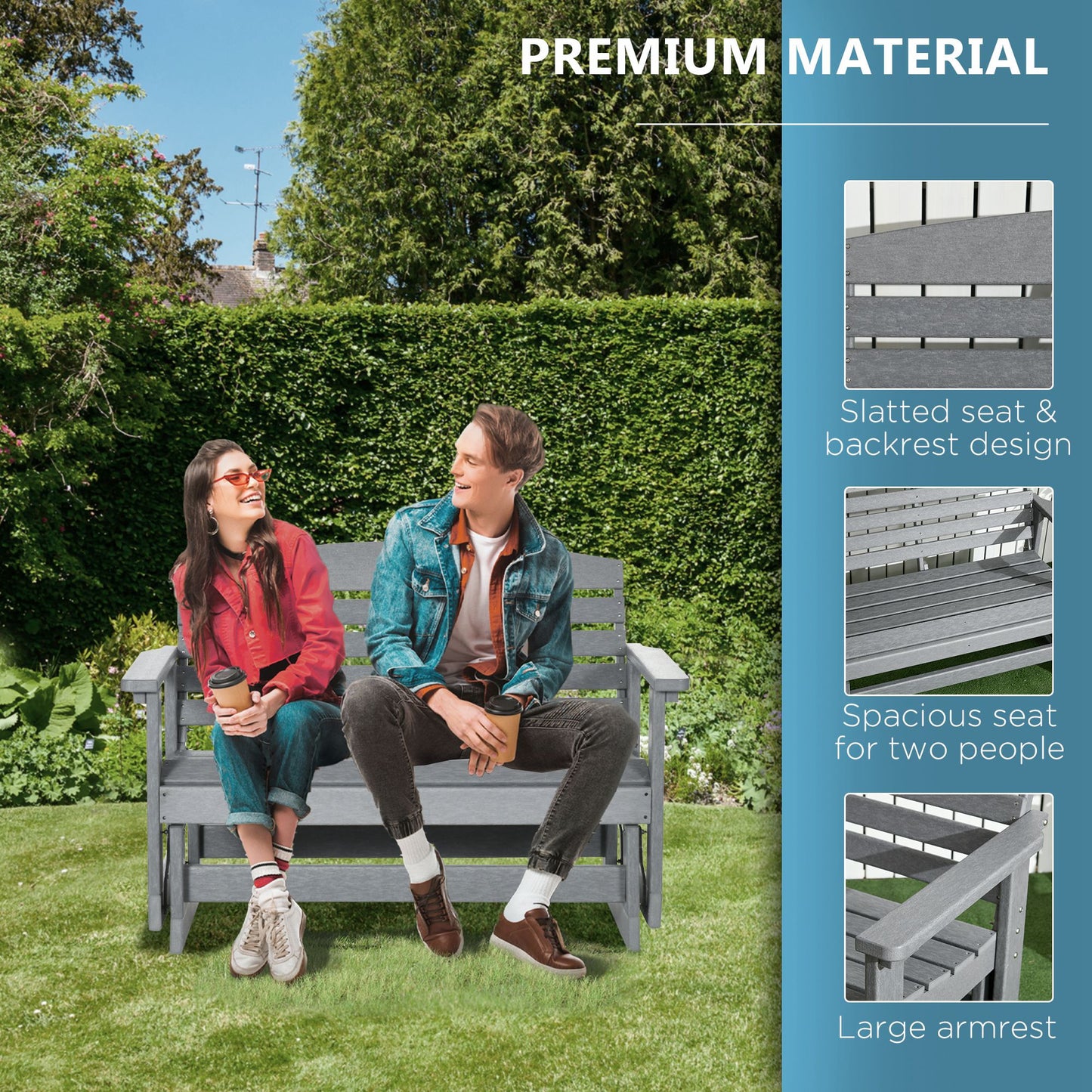 Outdoor Patio Glider Bench - HDPE Slatted Rocking Chair, Light Gray