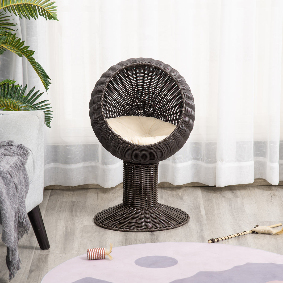 Elevated Cat Bed with Rotatable Egg Chair Pod, Cozy Woven Kitty House - Coffee 450x430mm