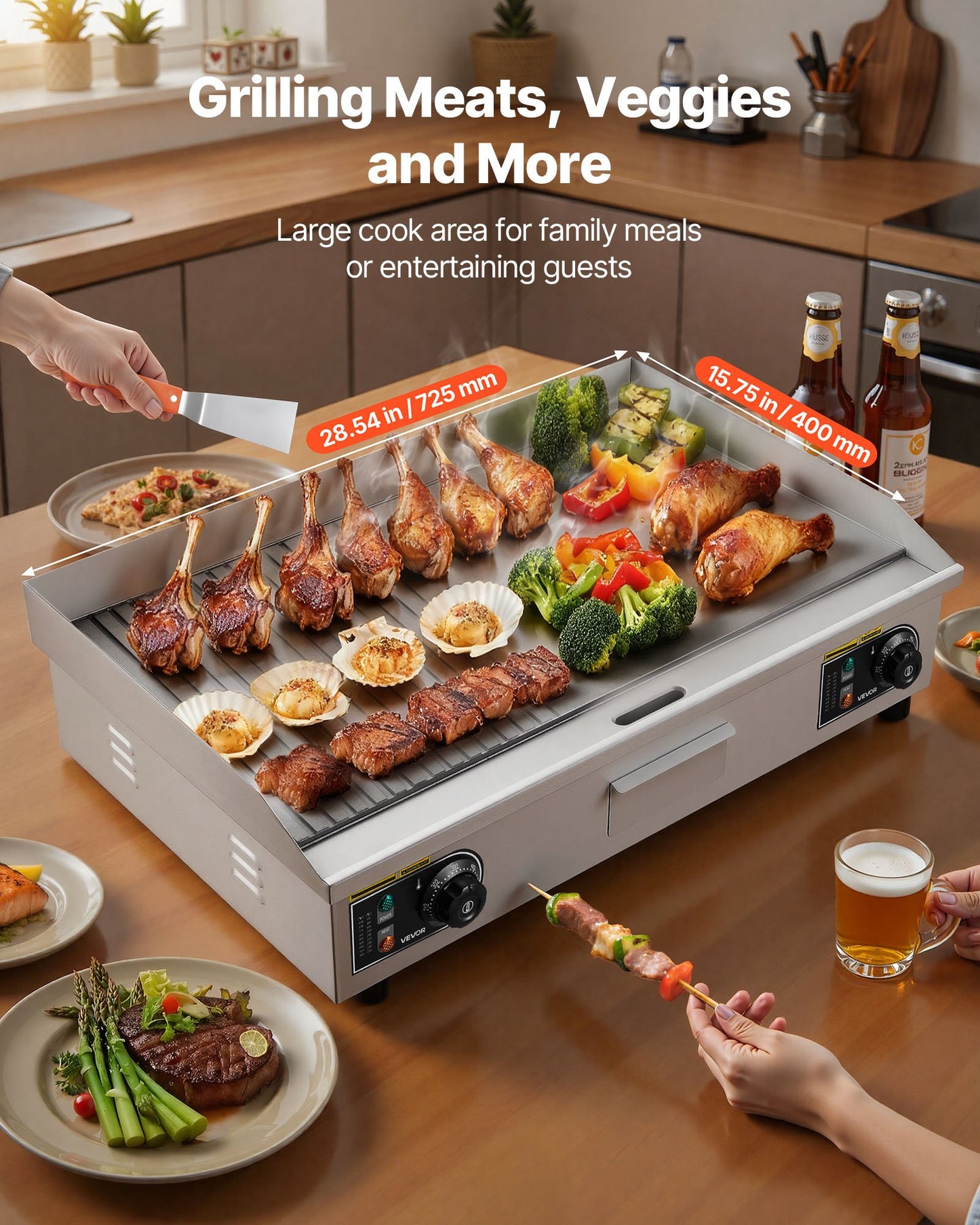Large Commercial Electric Griddle 28.5x15.75in 2800W Adjustable Temp Stainless Steel