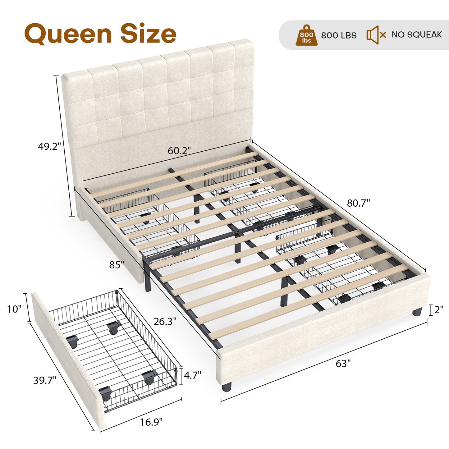 Bed Frame Upholstered Vertical Channel Headboard With 4 Storage