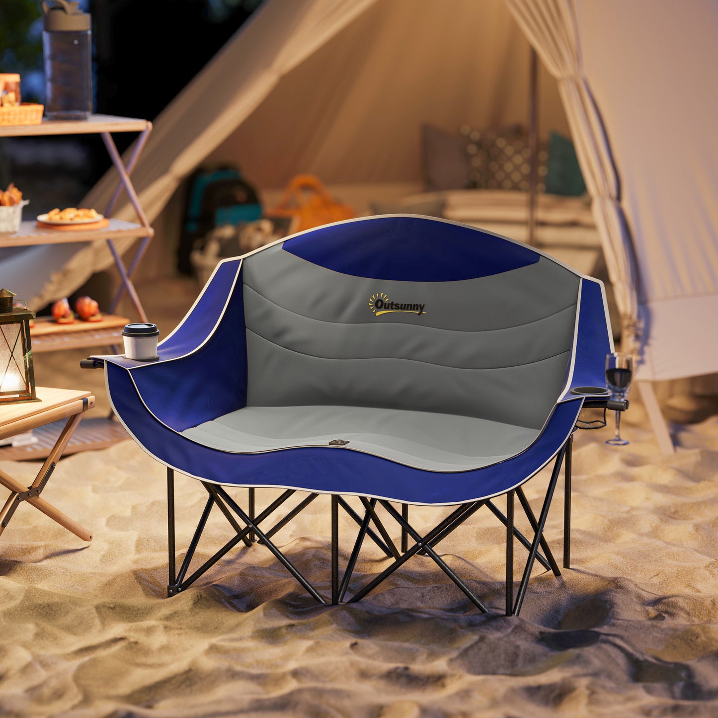 Double Padded Folding Camp Chair with Armrests & Cup Holders - Blue