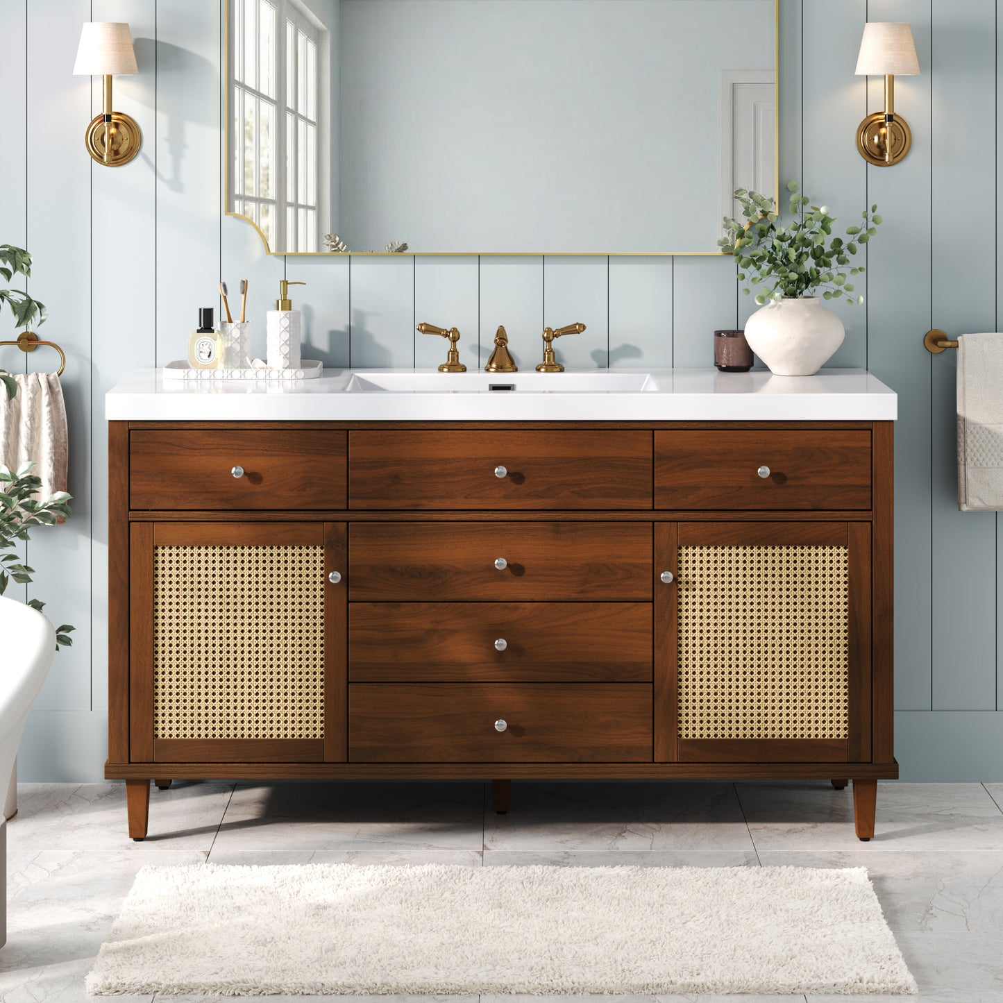 60" Bathroom Vanity with SMC Sink & Rattan Doors - Brown