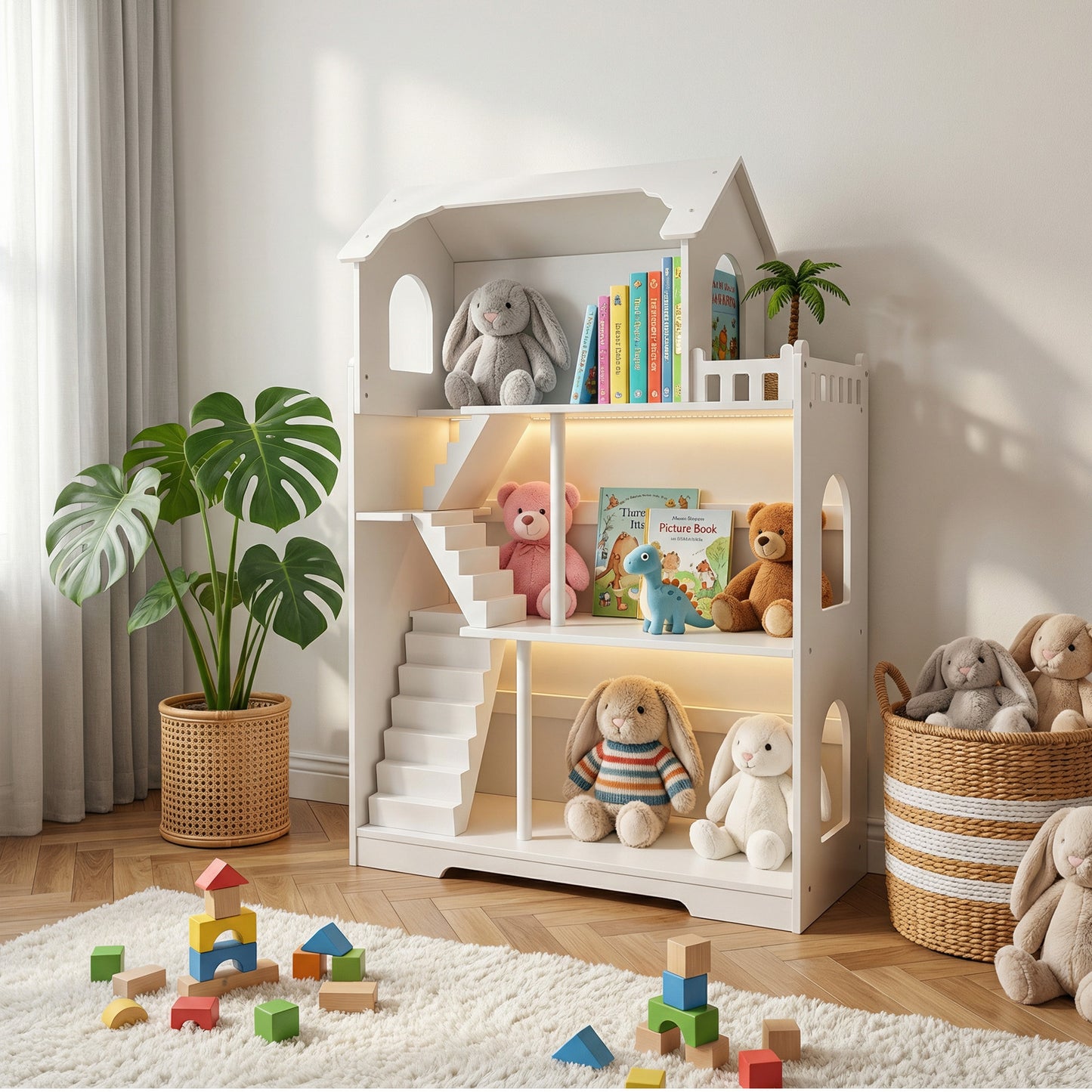 Wooden Dollhouse Bookshelf 3 Tier Kids Bookcase For Children Above