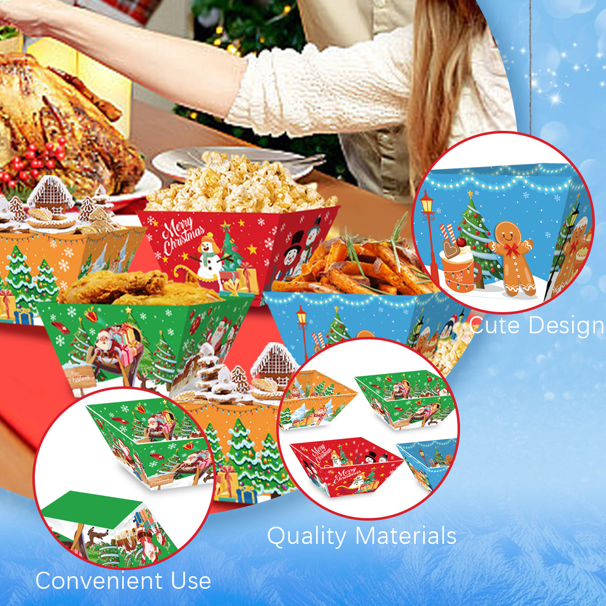12-Pack Colorful Christmas Paper Food Trays - 18.5x10cm