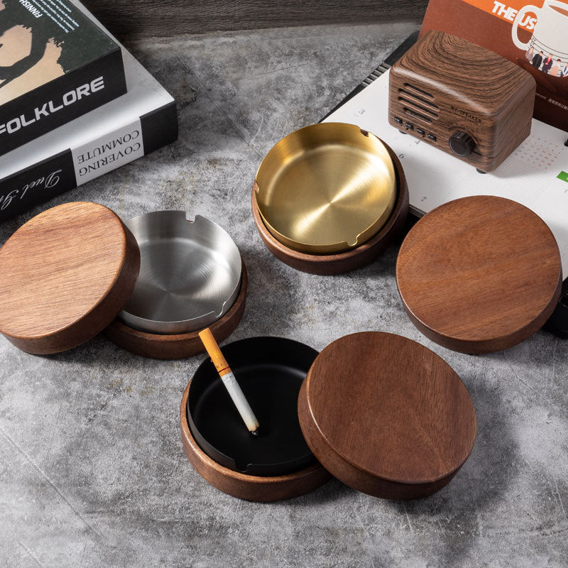 Unique Wooden Walnut Ashtray with Lid - Multiple Colors