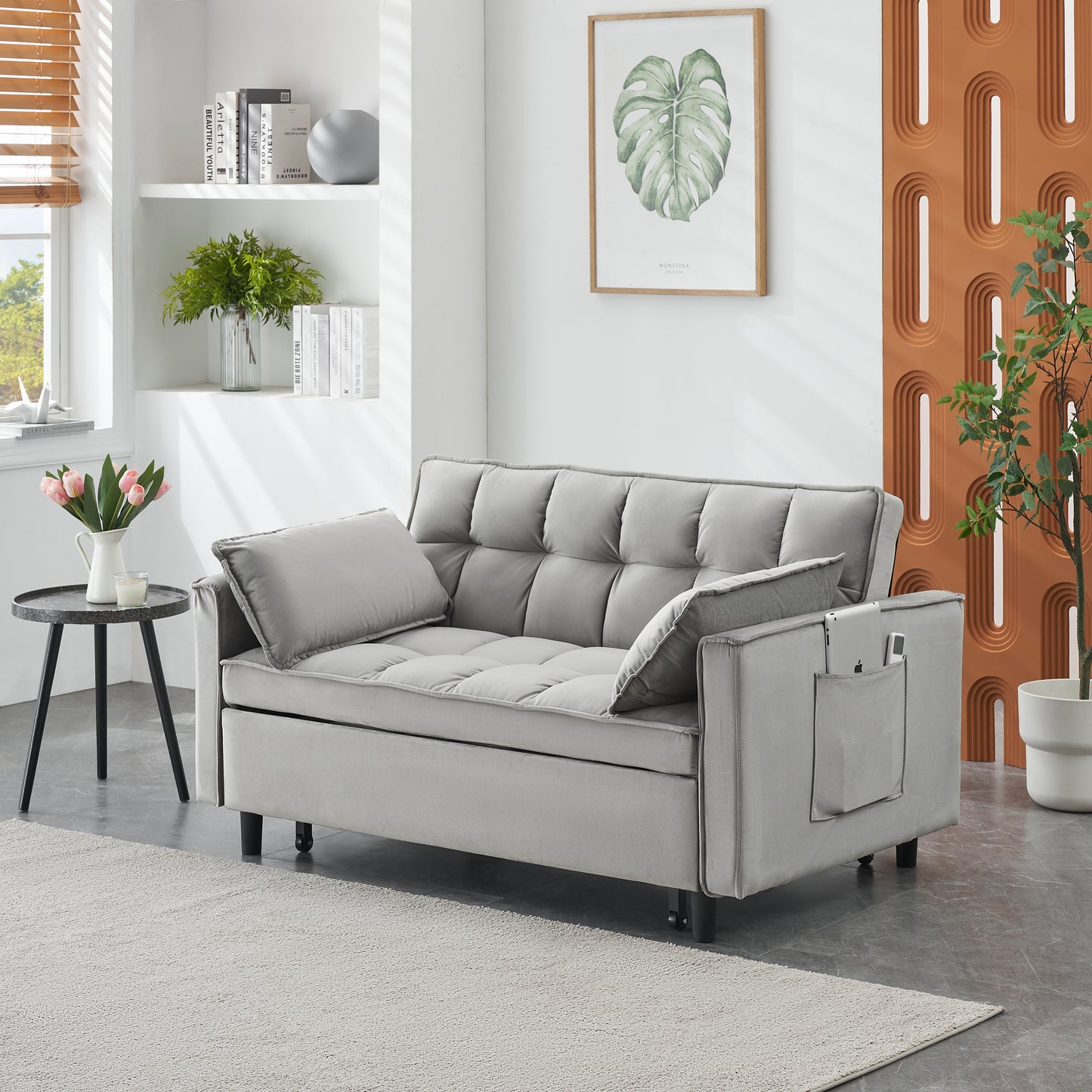 Convertible Velvet Loveseat Sofa Bed with Reclining Backrest - Gray