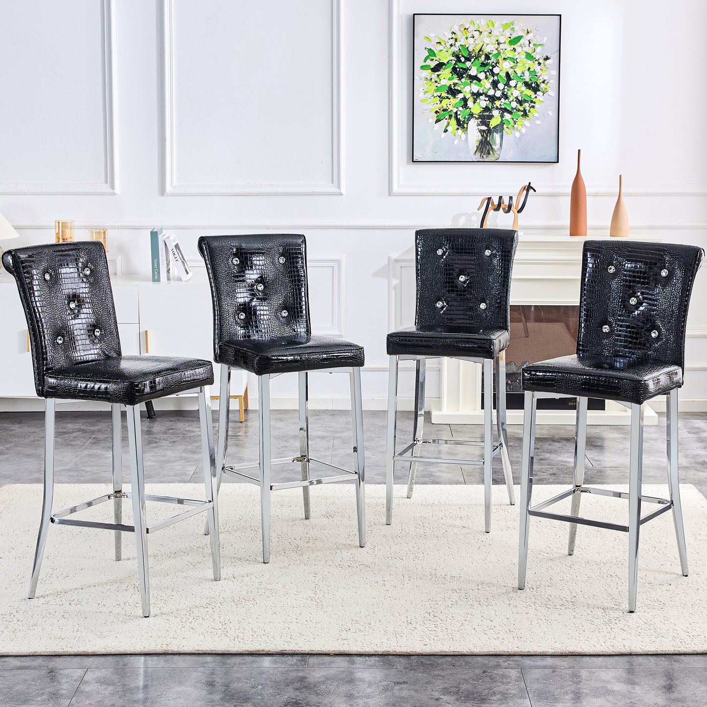 A Set Of 2 Black Vintage Crocodile Leather Bar Chairs, Featuring
