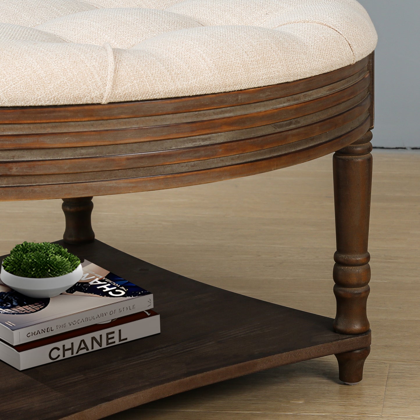 Large Round Waterproof Ottoman Coffee Table with Storage - Beige