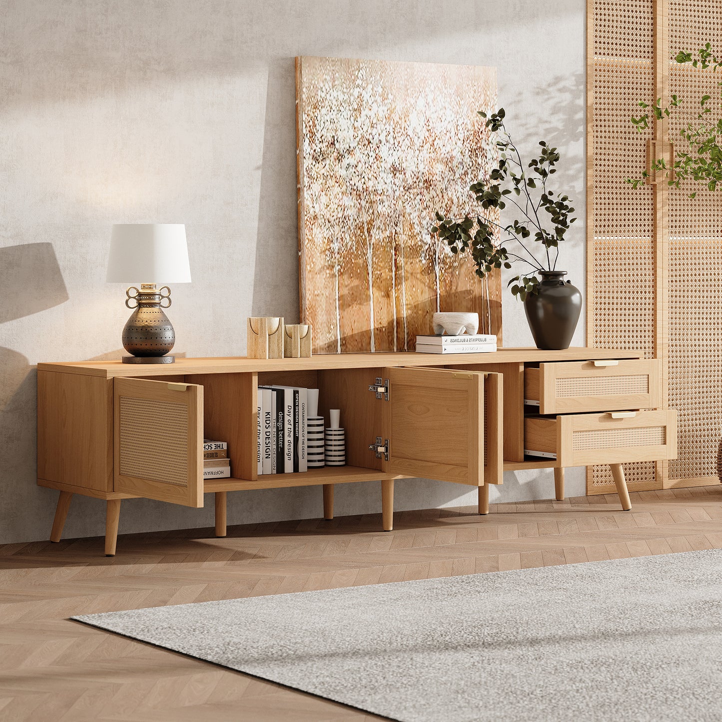 70-Inch Modern TV Stand with Rattan Doors & Storage - Natural Wood