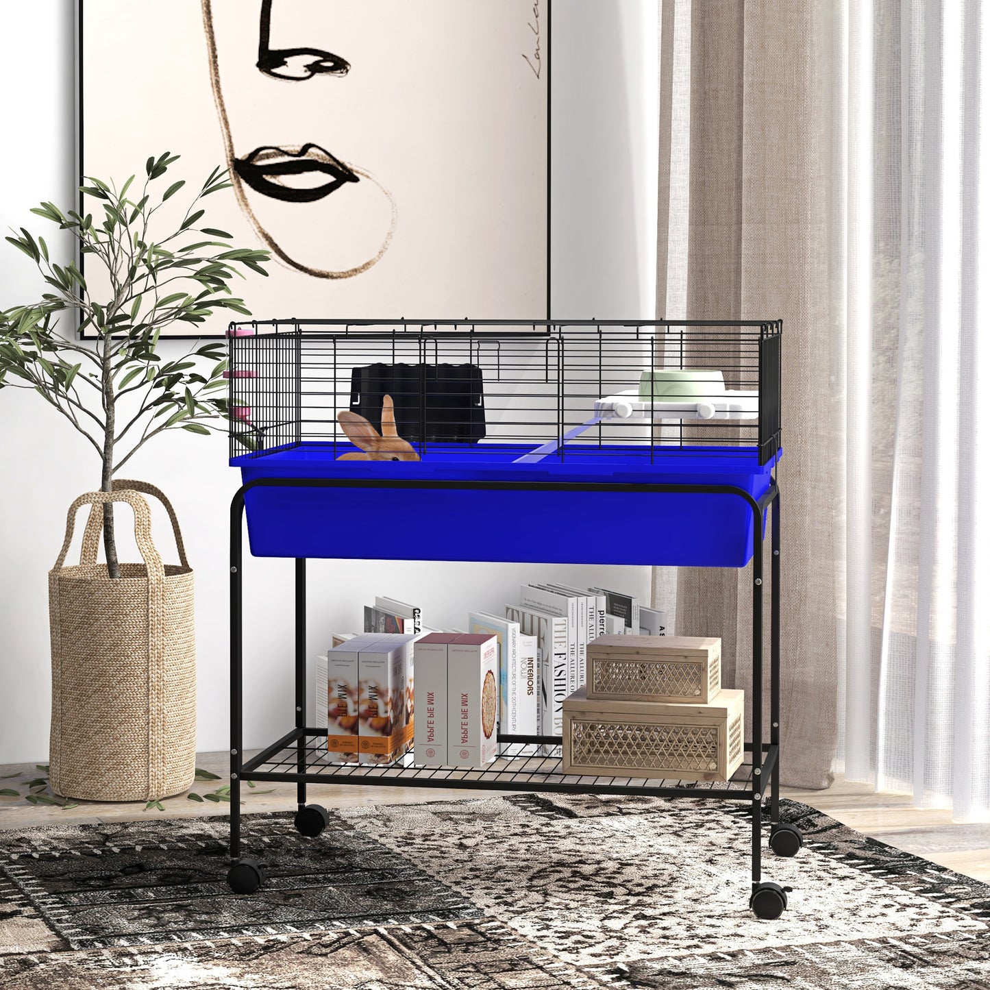 Small Animal Cage with Removable Stand & Wheels - 33 x 18.5 x 35 inch Blue Pet Habitat